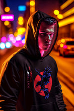 Load image into Gallery viewer, &quot;Black crow hoodie with an artistic design, part of the &#39;Fly in Style&#39; collection, showcasing a bold and trendy look.&quot;
